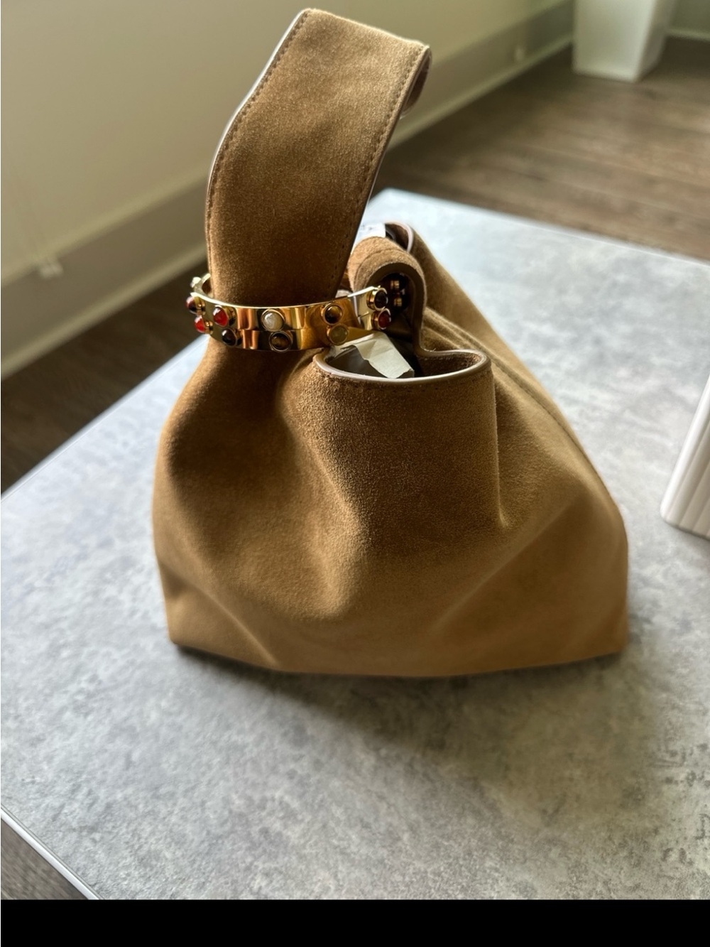 Veronica Beard Swing Clutch Tan Suede Bracelet-Closure Handbag - Picture 2 of 6